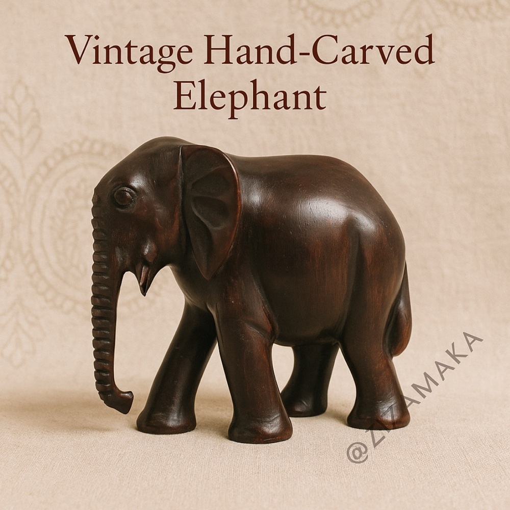 ‼️🌟 Vintage Hand-Carved Elephant Figurine – Solid Wood Boho Decor 🐘